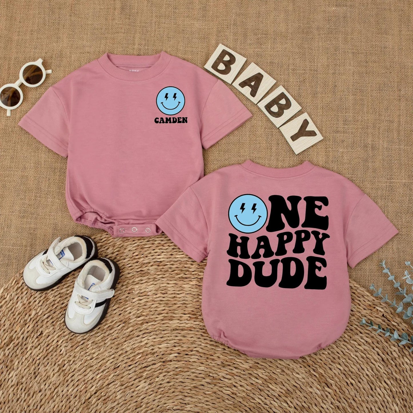 Personalized One Happy Dude Romper, Retro Birthday Outfit for Baby Boy, Custom Camden Name, Lightning Bolt Smiley Face, Groovy 1st Birthday Party Outfit