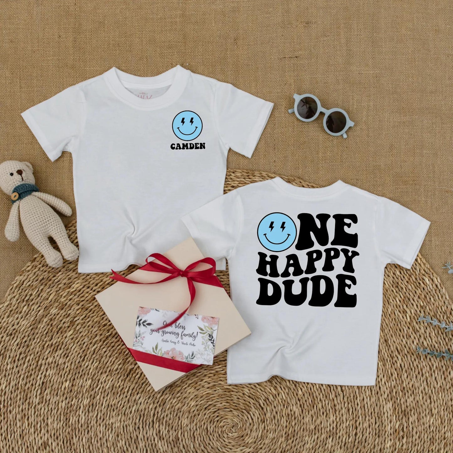 Personalized One Happy Dude Romper, Retro Birthday Outfit for Baby Boy, Custom Camden Name, Lightning Bolt Smiley Face, Groovy 1st Birthday Party Outfit