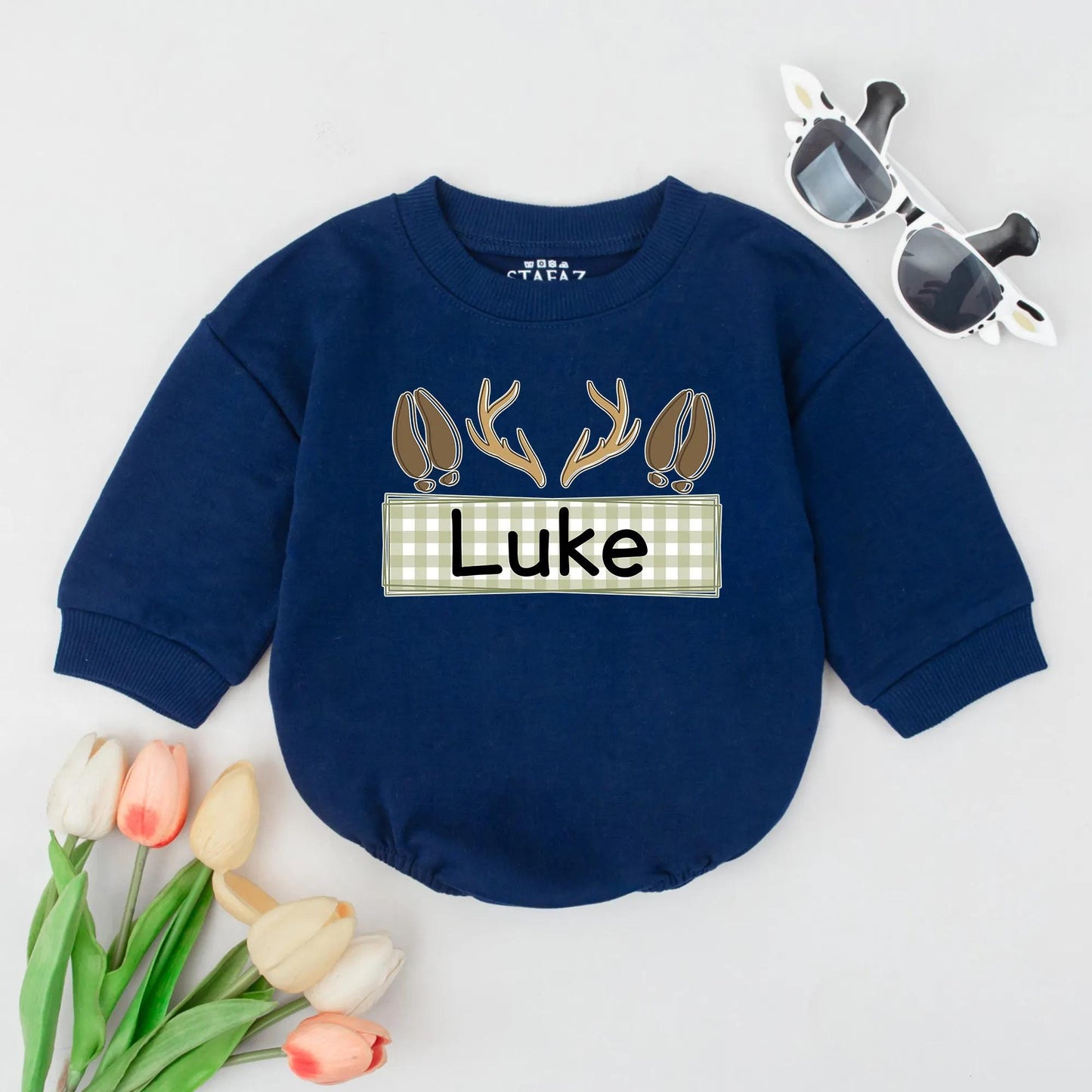 Personalized Deer Antler Bubble Romper Custom Name Fall Baby Boy Clothes Newborn Infant Woodland Shower Gift Neutral Rustic