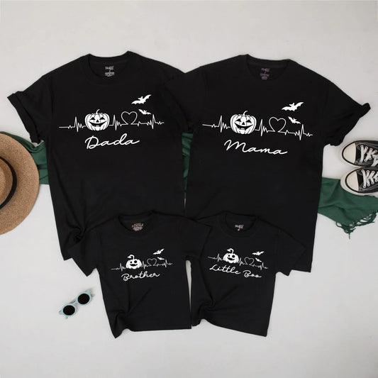 Halloween Heartbeat Family Shirts - Matching Dada Mama Little Boo Pumpkin Bat Tees - Spooky Season Ghost Fall Outfit Set 130-140 Characters