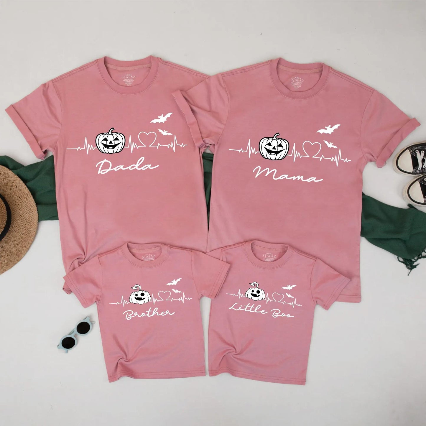 Halloween Heartbeat Family Shirts - Matching Dada Mama Little Boo Pumpkin Bat Tees - Spooky Season Ghost Fall Outfit Set 130-140 Characters