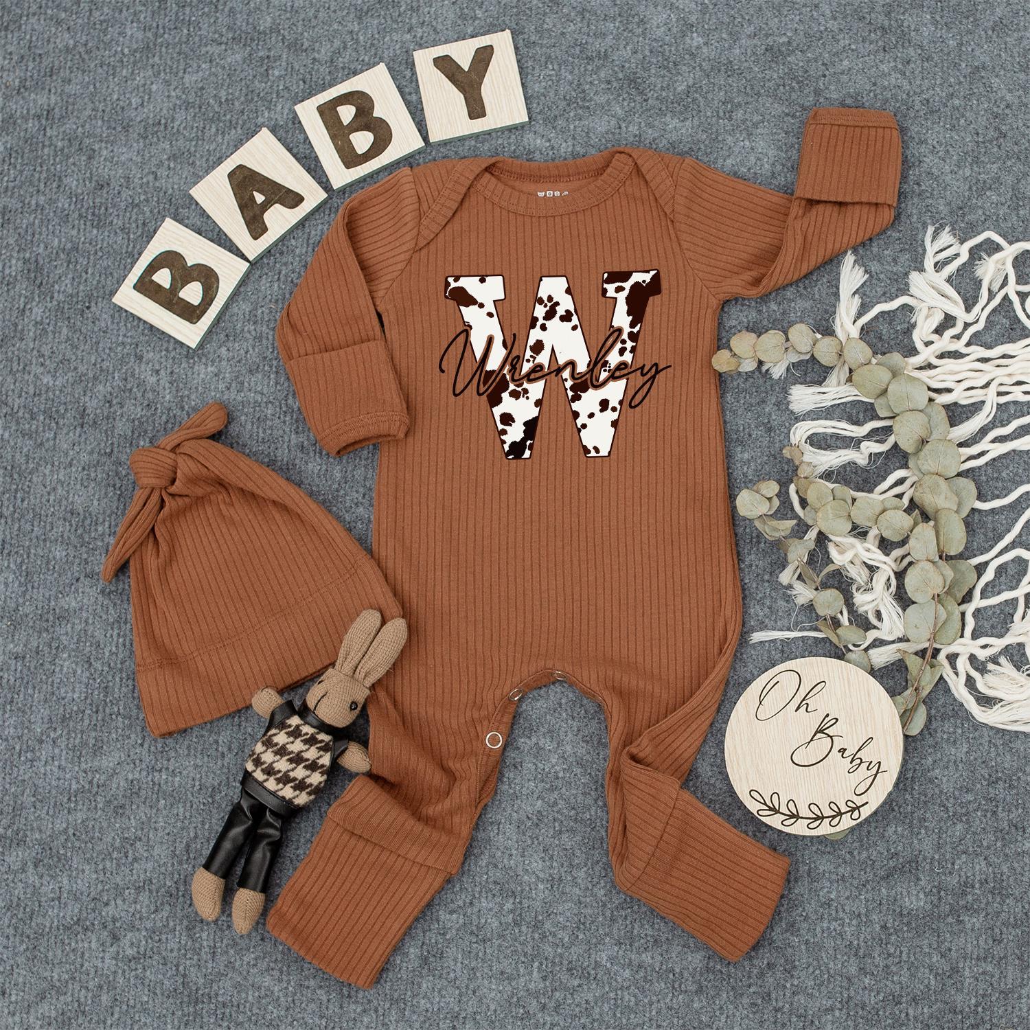 Wrenley Cow Print Baby Bodysuit, Personalized Western Initial Tee, Newborn Outfit, Cute Shower Gift for Girl or Boy, Custom Name Clothes 138