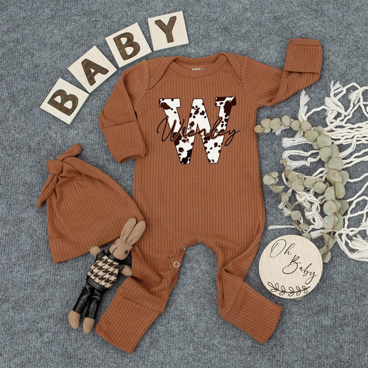 Wrenley Cow Print Baby Bodysuit, Personalized Western Initial Tee, Newborn Outfit, Cute Shower Gift for Girl or Boy, Custom Name Clothes 138
