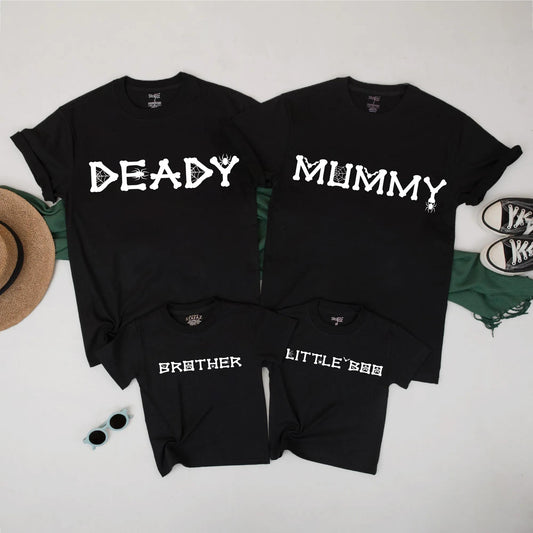 Mummy & Deady Matching Halloween Shirts: Spooky Family Outfits – Little Boo & Brother Tees with Spider Web Font, Creepy Cute Fall T-Shirt Set (138 chars)