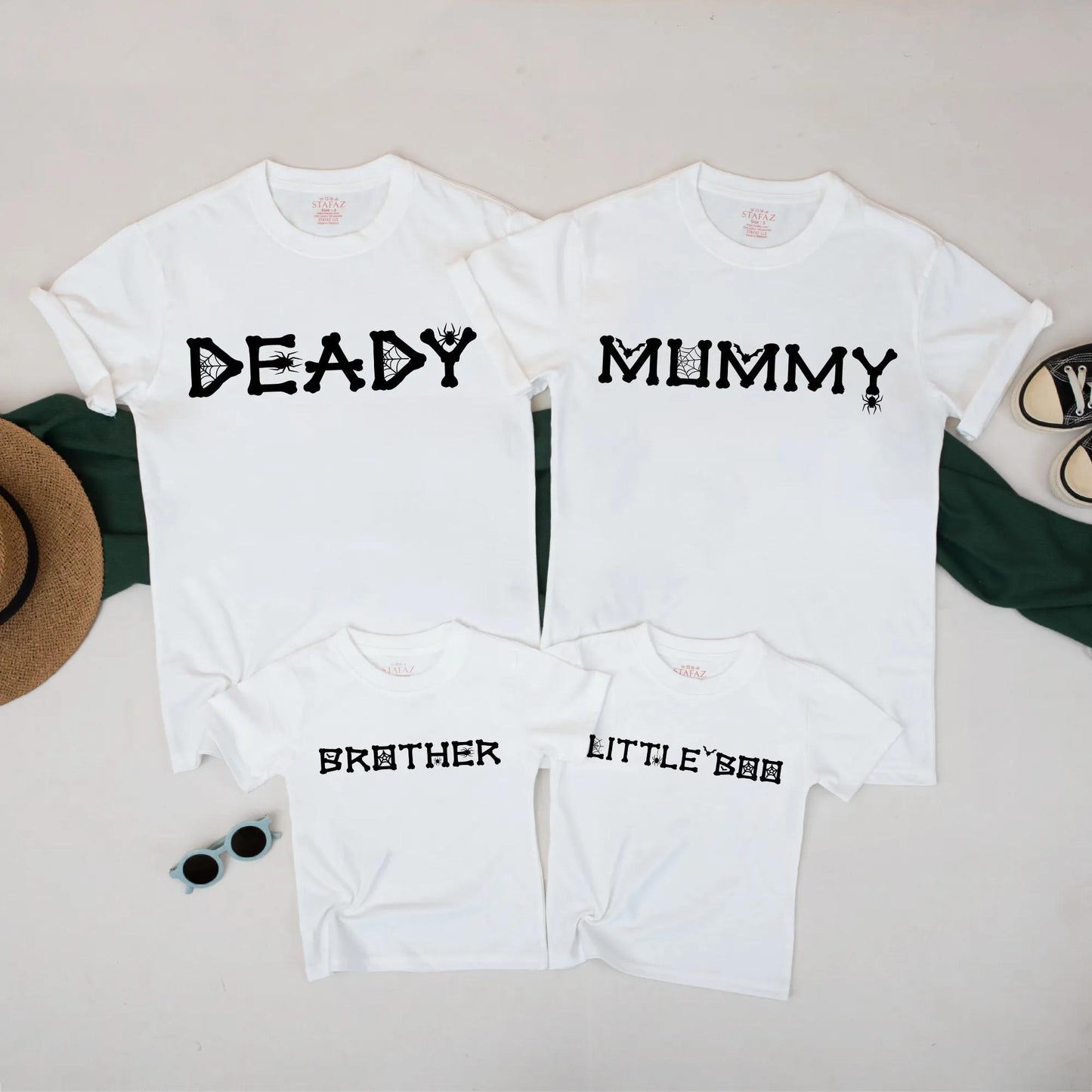 Mummy & Deady Matching Halloween Shirts: Spooky Family Outfits – Little Boo & Brother Tees with Spider Web Font, Creepy Cute Fall T-Shirt Set (138 chars)