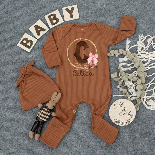Celica Western Baby Bodysuit Custom Initial & Pink Bow Boots Outfit Personalized Newborn Cowgirl Gift