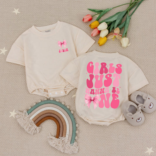 Custom Name Girls Just Wanna Be One Baby Romper Pink Bow First Birthday Party Bubble Outfit