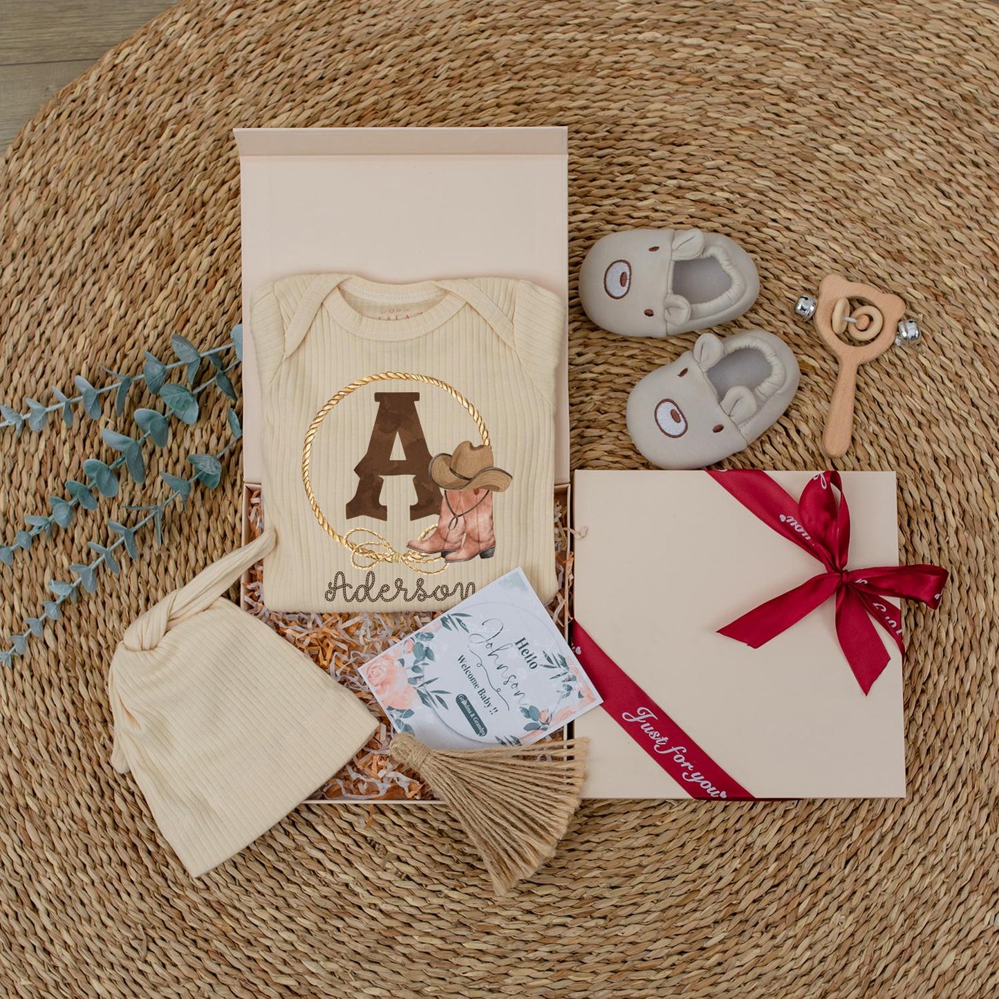 Aderson Western Cowboy Baby Romper with Initial A Golden Rope Lasso Boots Hat Long Sleeve Ribbed Newborn Outfit Gift Idea Rustic Personalized