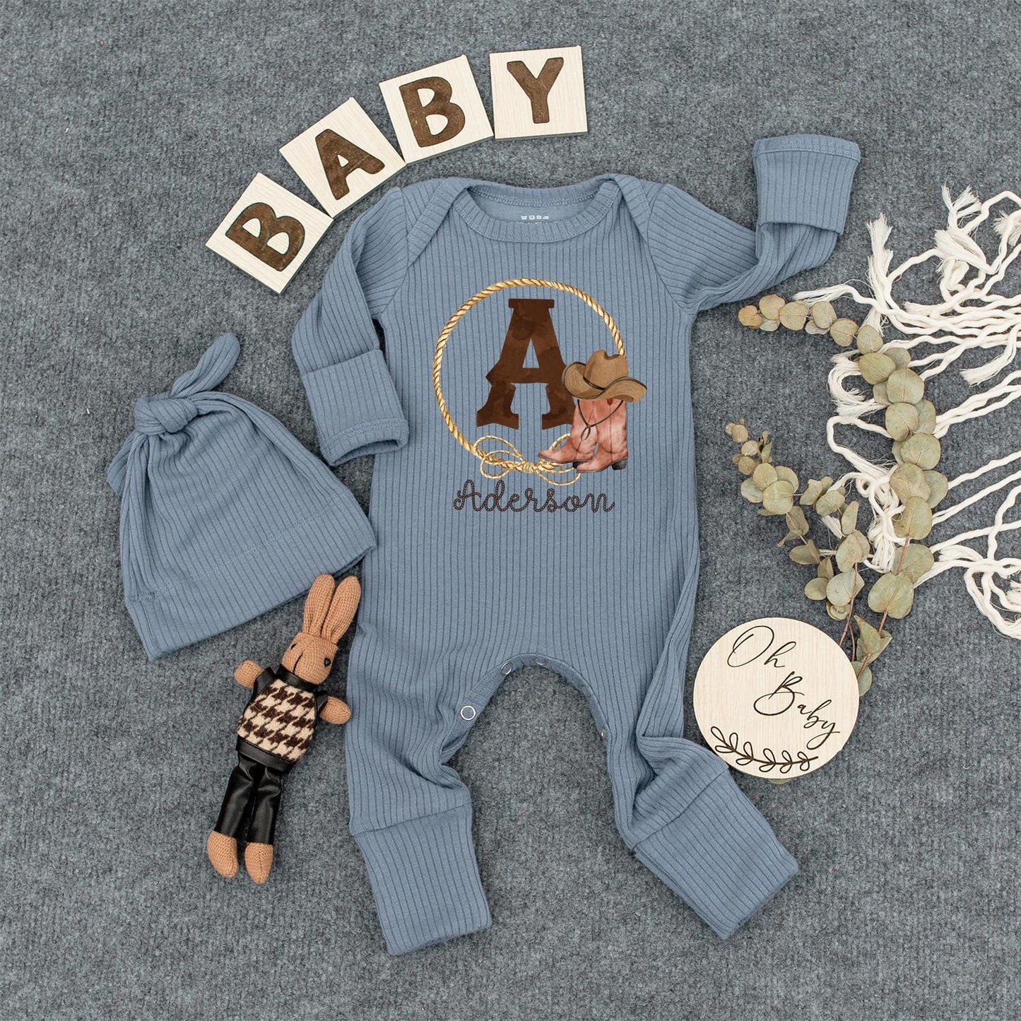 Aderson Western Cowboy Baby Romper with Initial A Golden Rope Lasso Boots Hat Long Sleeve Ribbed Newborn Outfit Gift Idea Rustic Personalized