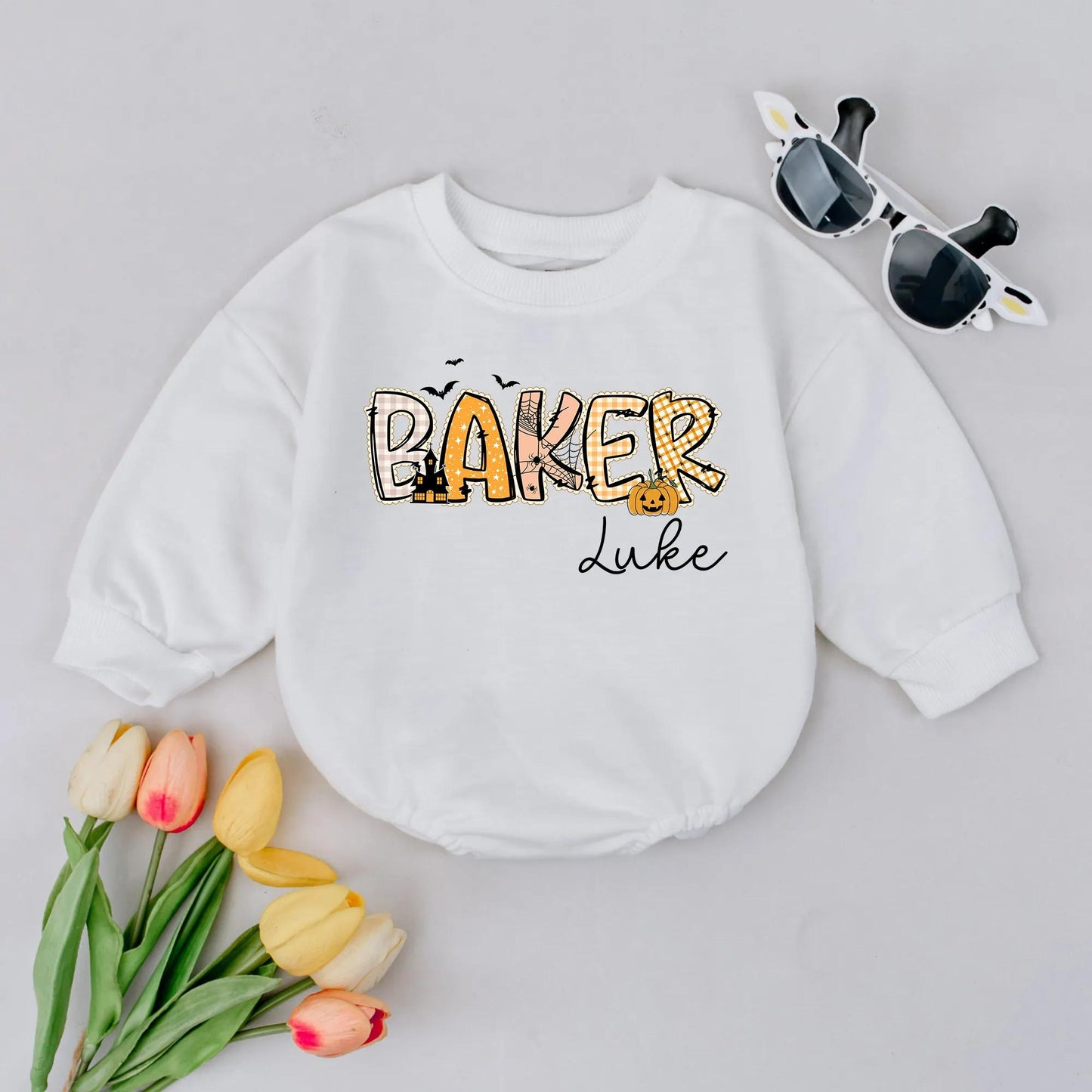 Retro Halloween Baby Bubble Romper Custom Name Spooky Fall Infant Clothes for Baby Boys Halloween Gift