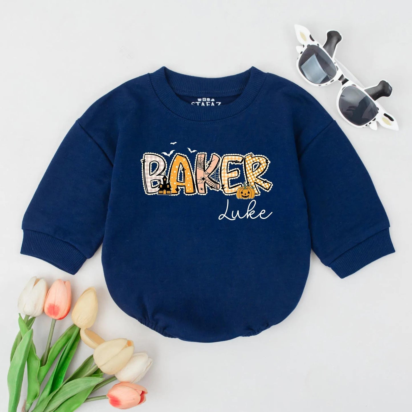 Retro Halloween Baby Bubble Romper Custom Name Spooky Fall Infant Clothes for Baby Boys Halloween Gift