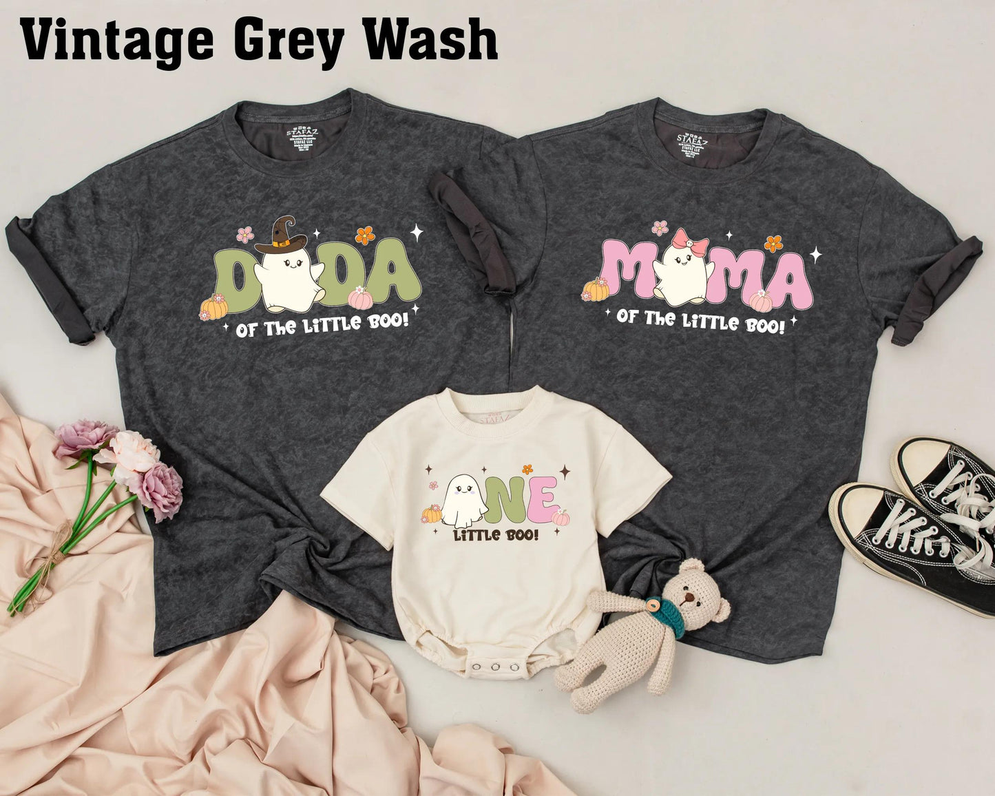 Spooky Little Boo One Birthday Matching Family Shirts Vintage Pastel Ghost Halloween Costume Baby Girl Boy Outfit