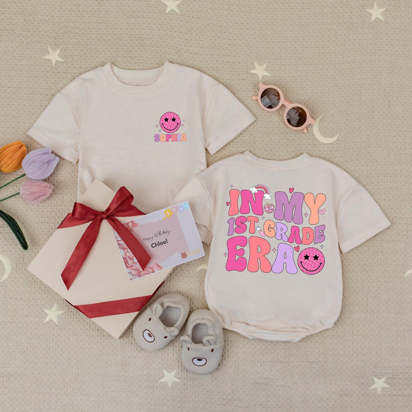 Sophia 1st Grade Era Baby Romper with Retro Rainbow & Disco Ball Design for Back to School & First Day of School