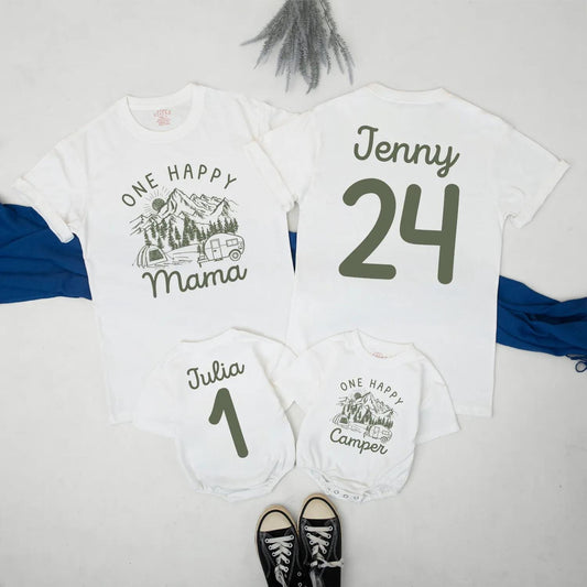 One Happy Camper Birthday Shirt & Romper for Family Camping Trips Fun First Birthday Party Outfit Coordinating Mommy and Me