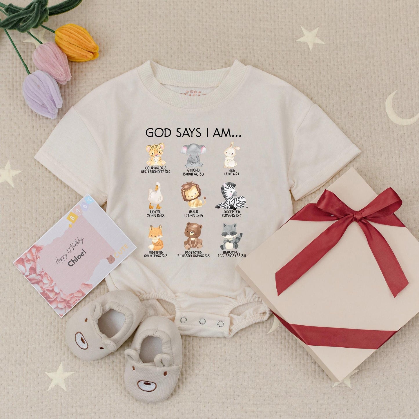 Cute Christian Baby Romper God Says I Am Baby Clothes with Adorable Animal Bible Verses Religious Bodysuit for Baptism Gifts