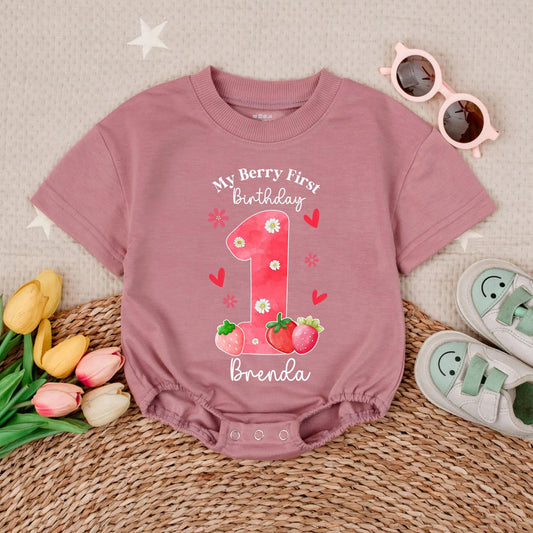 Personalized My Berry First Birthday Baby Girl Romper Strawberry Daisy Watercolor Hearts Custom Name 1st Birthday Outfit Gift
