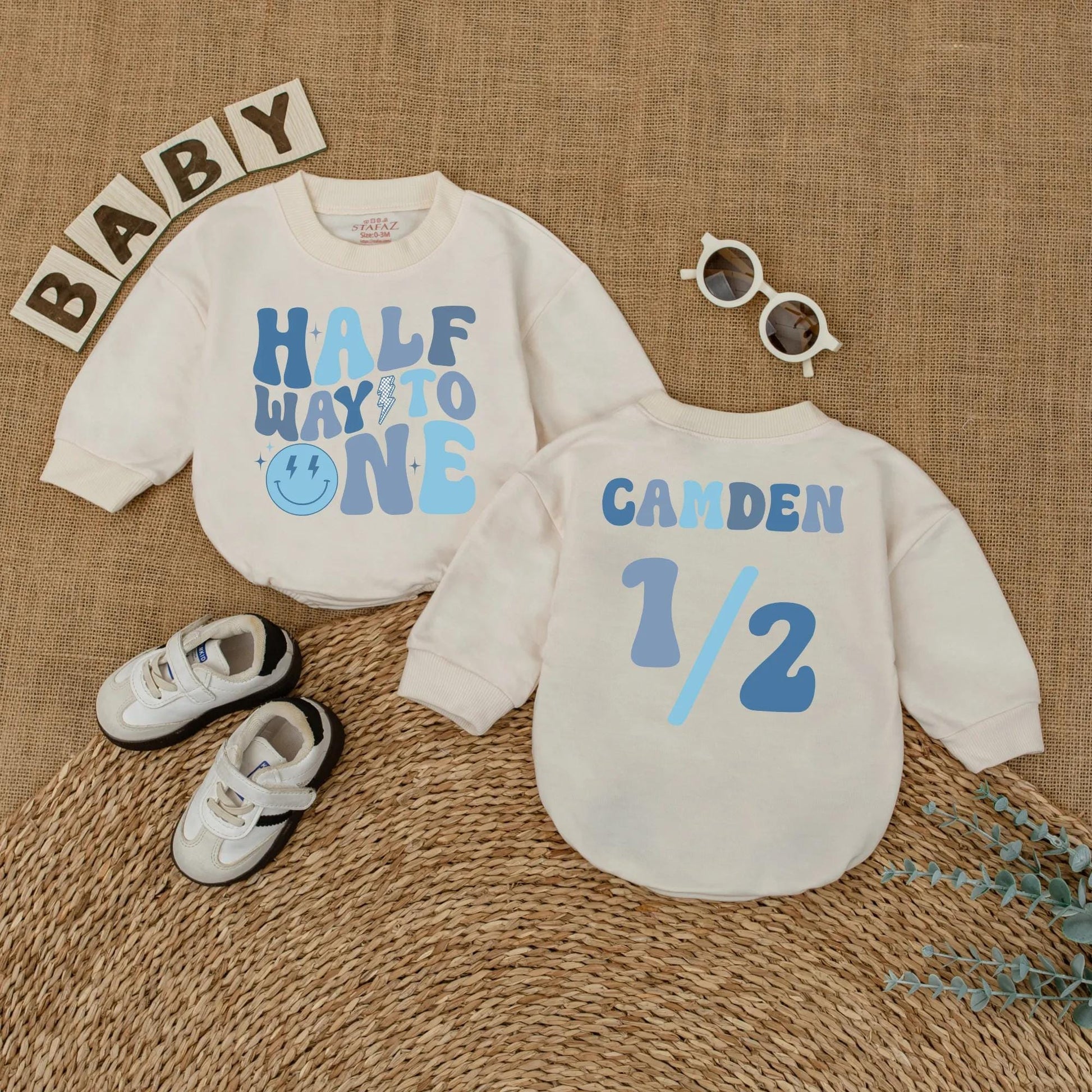 Baby Boy Half Birthday Romper Custom Name 6 Months Milestone Outfit Soft Cotton Smiley Dude