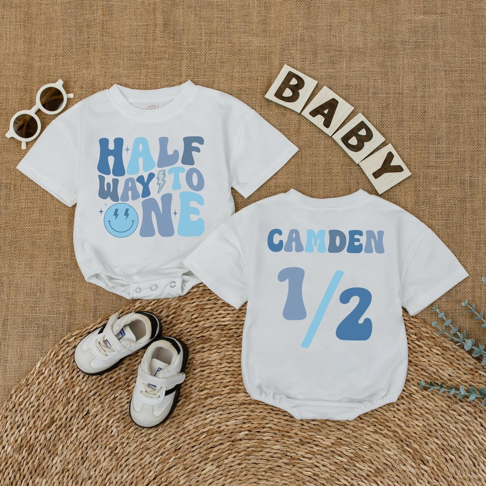Baby Boy Half Birthday Romper Custom Name 6 Months Milestone Outfit Soft Cotton Smiley Dude