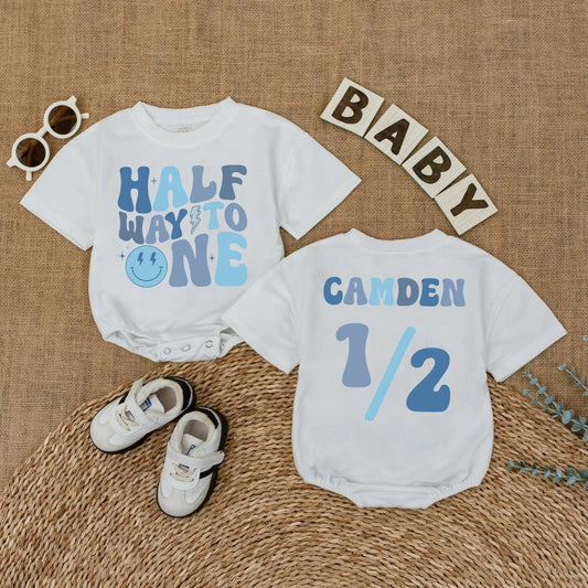 Baby Boy Half Birthday Romper Custom Name 6 Months Milestone Outfit Soft Cotton Smiley Dude