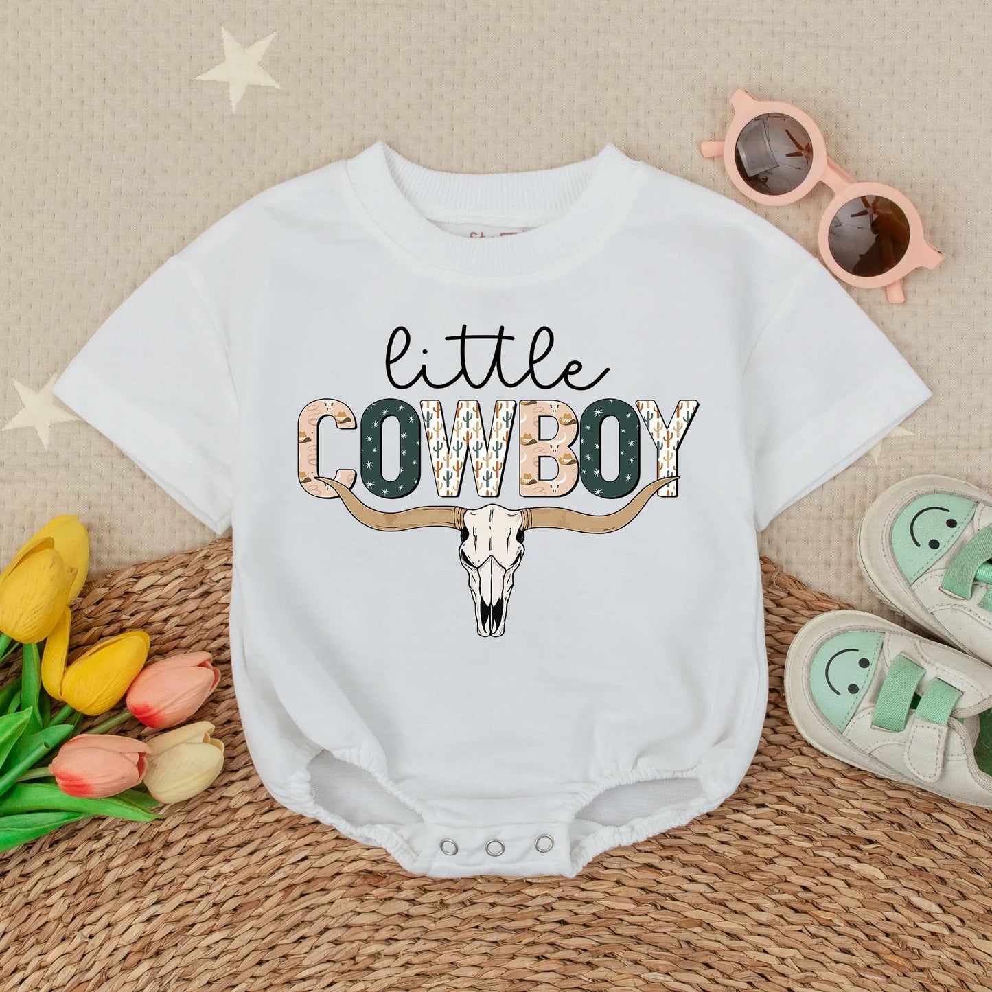 Little Cowboy Bubble Romper for Baby Boy: Western-Inspired Outfit, Country Baby Clothes, Newborn Shower Gift, Soft Bodysuit (Short Sleeve)