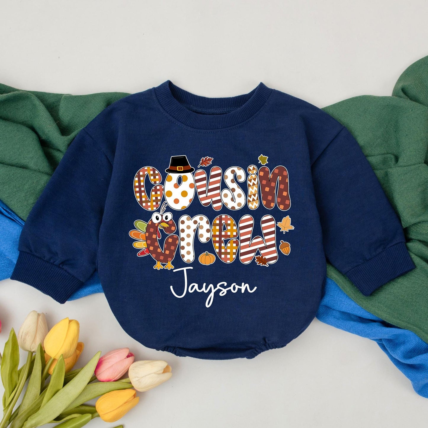 Personalized Cousin Crew Baby Romper with Adorable Thanksgiving Turkey Design, First Fall Celebration Outfit for Boys Girls, Cute Baby Shower Gift