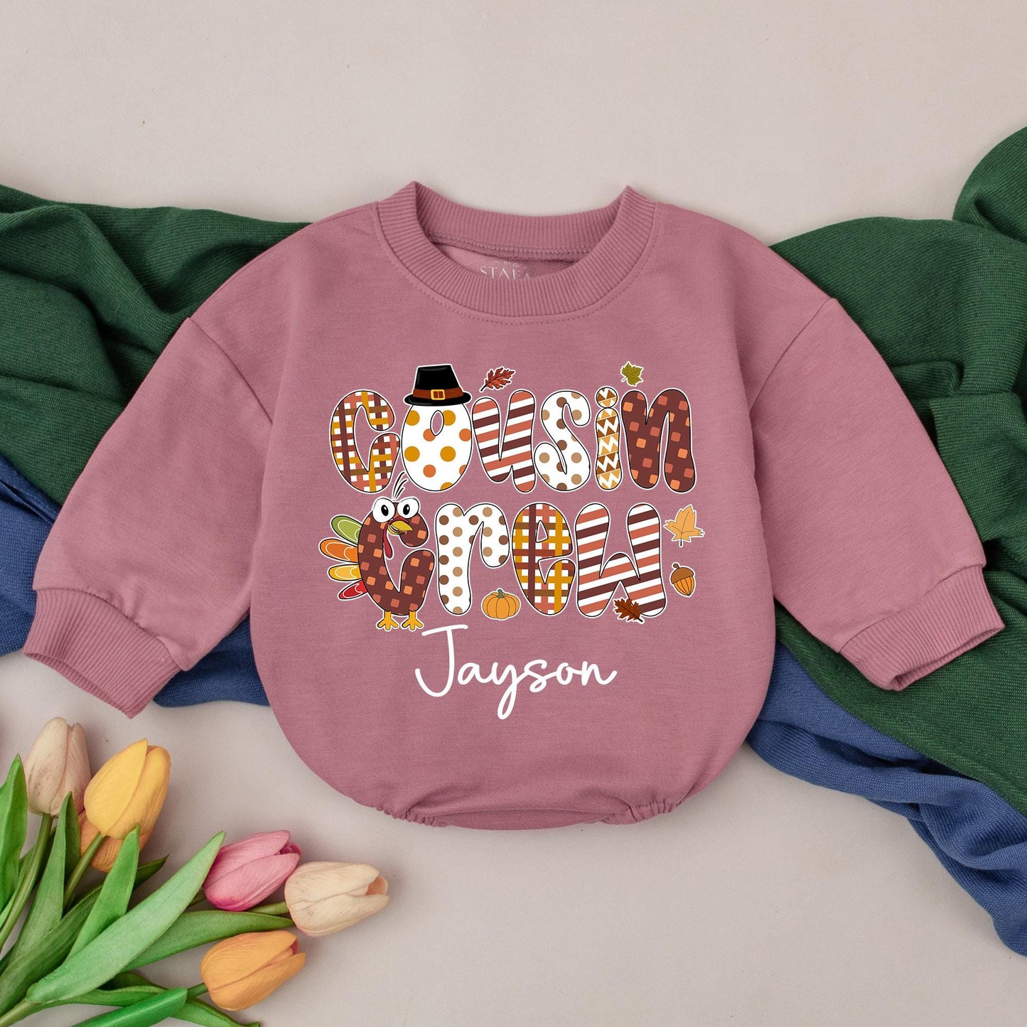 Personalized Cousin Crew Baby Romper with Adorable Thanksgiving Turkey Design, First Fall Celebration Outfit for Boys Girls, Cute Baby Shower Gift