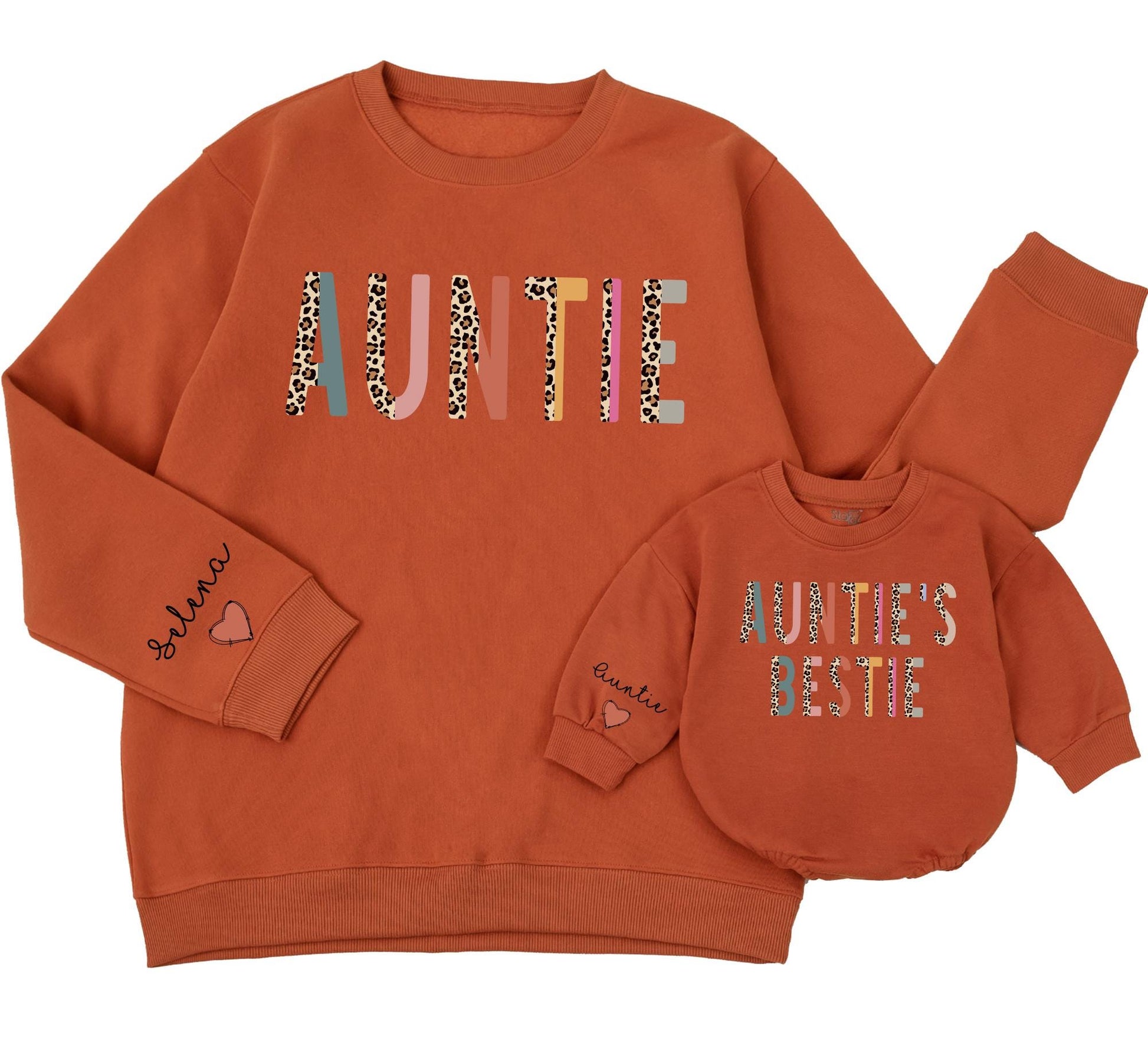 Auntie & Me Matching Sweatshirts, Auntie's Bestie Outfit with Colorful Letters, Leopard Print, Personalized Aunt Gift, Family Matching, Custom Name Sleeve