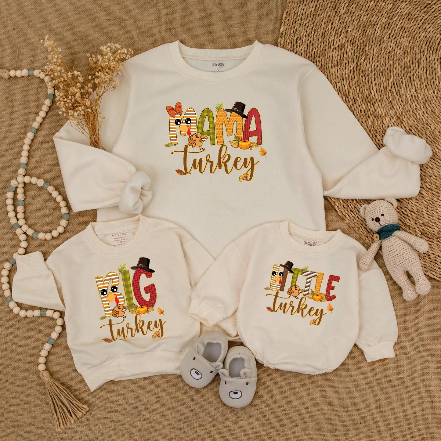 Matching Family Thanksgiving Sweatshirts, Funny Turkey Day Outfits! Cute Cartoon Turkey, Pumpkins & Leaves Design, Personalized Fall Dinner Apparel