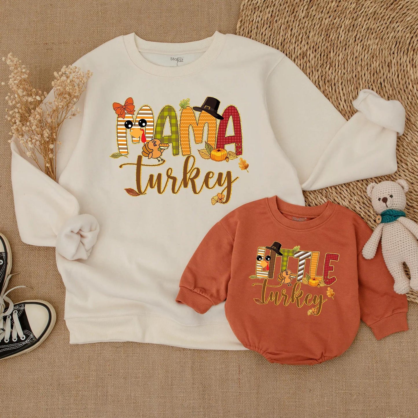 Matching Family Thanksgiving Sweatshirts, Funny Turkey Day Outfits! Cute Cartoon Turkey, Pumpkins & Leaves Design, Personalized Fall Dinner Apparel