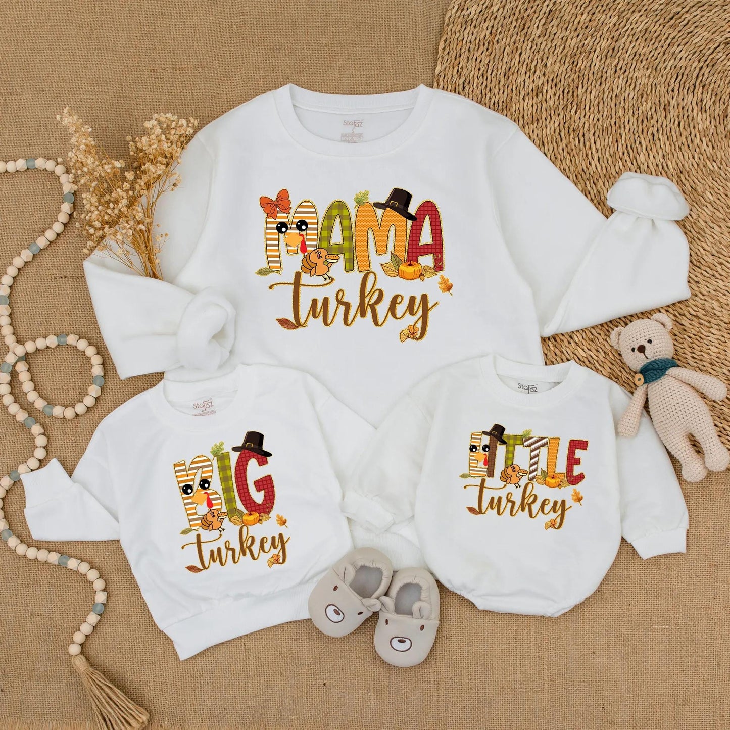 Matching Family Thanksgiving Sweatshirts, Funny Turkey Day Outfits! Cute Cartoon Turkey, Pumpkins & Leaves Design, Personalized Fall Dinner Apparel