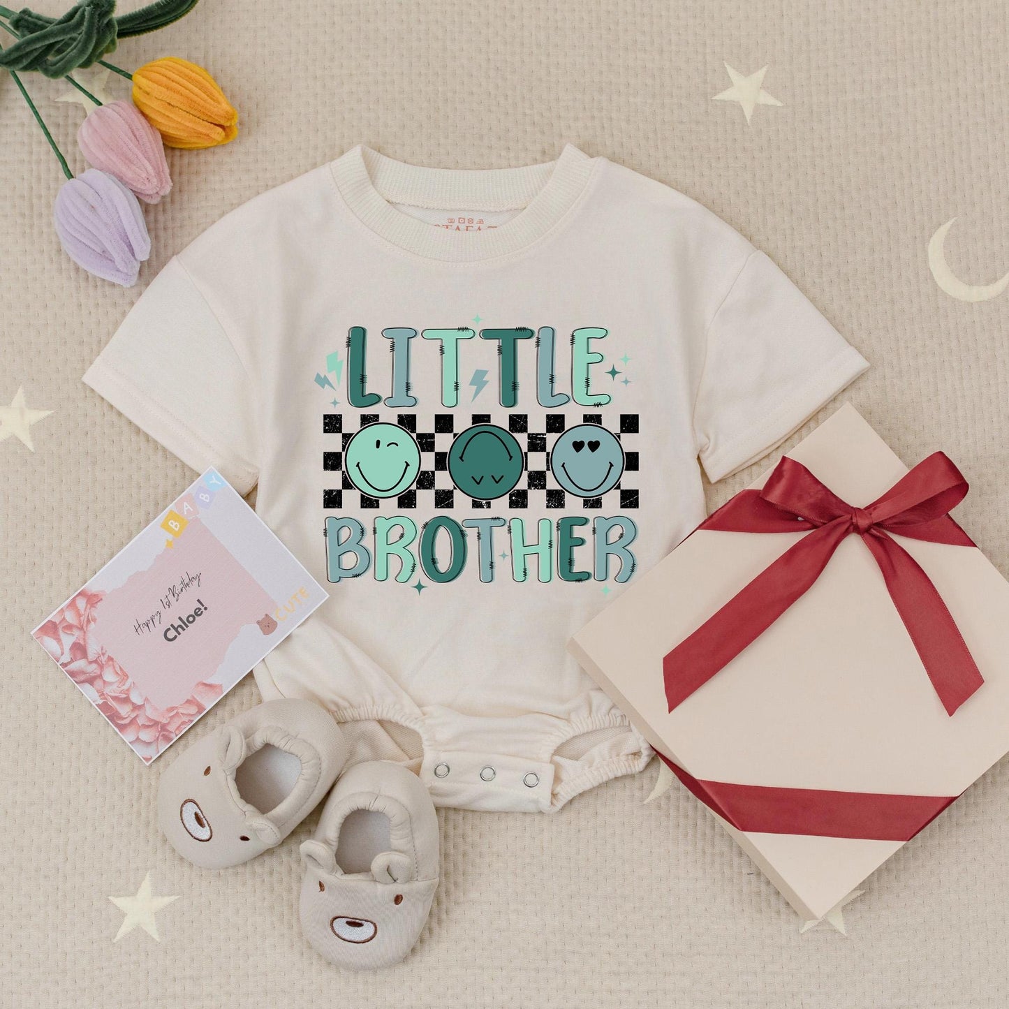 Big Sister Little Brother Matching Sibling Retro Smiley Face Romper & Tee Pink Blue Green Bubble Font Star Lightning Bolt Kids Baby Girl Boy Outfit