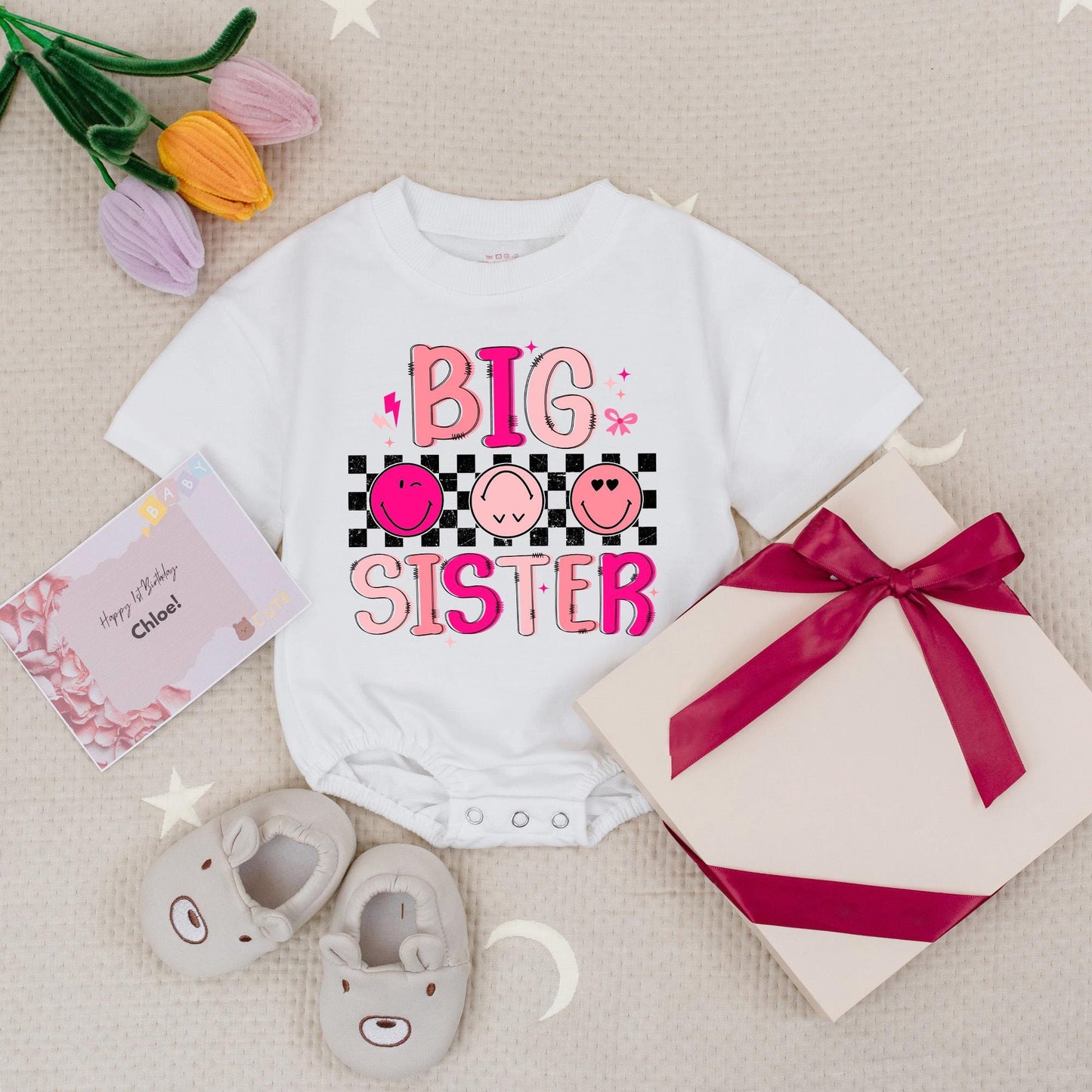 Big Sister Little Brother Matching Sibling Retro Smiley Face Romper & Tee Pink Blue Green Bubble Font Star Lightning Bolt Kids Baby Girl Boy Outfit