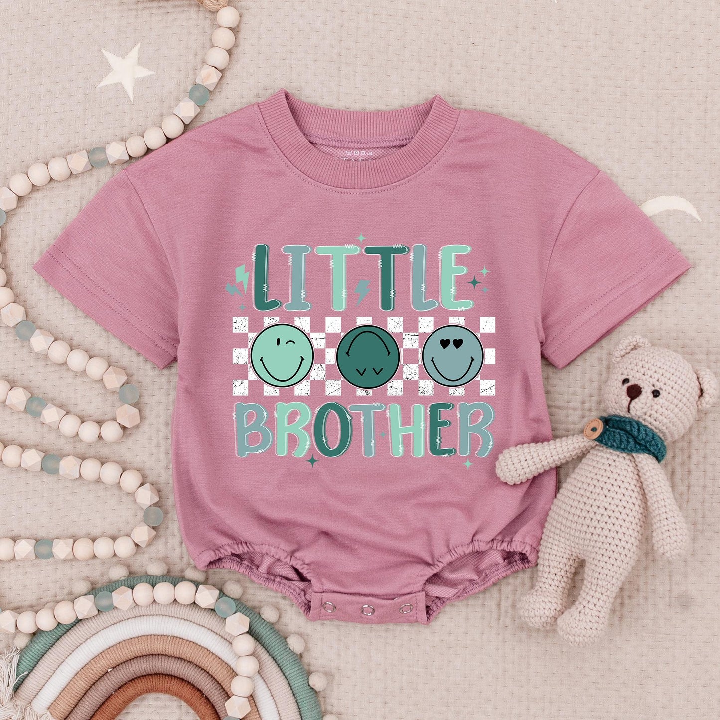 Big Sister Little Brother Matching Sibling Retro Smiley Face Romper & Tee Pink Blue Green Bubble Font Star Lightning Bolt Kids Baby Girl Boy Outfit