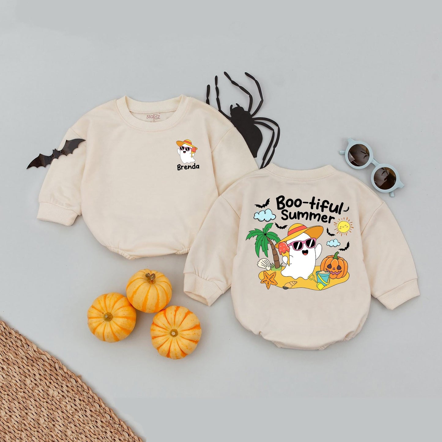 Personalized Name Summerween Ghost Romper Cute Baby Girl Summerween Outfit Ghost Beach Baby Clothes Boo Summer
