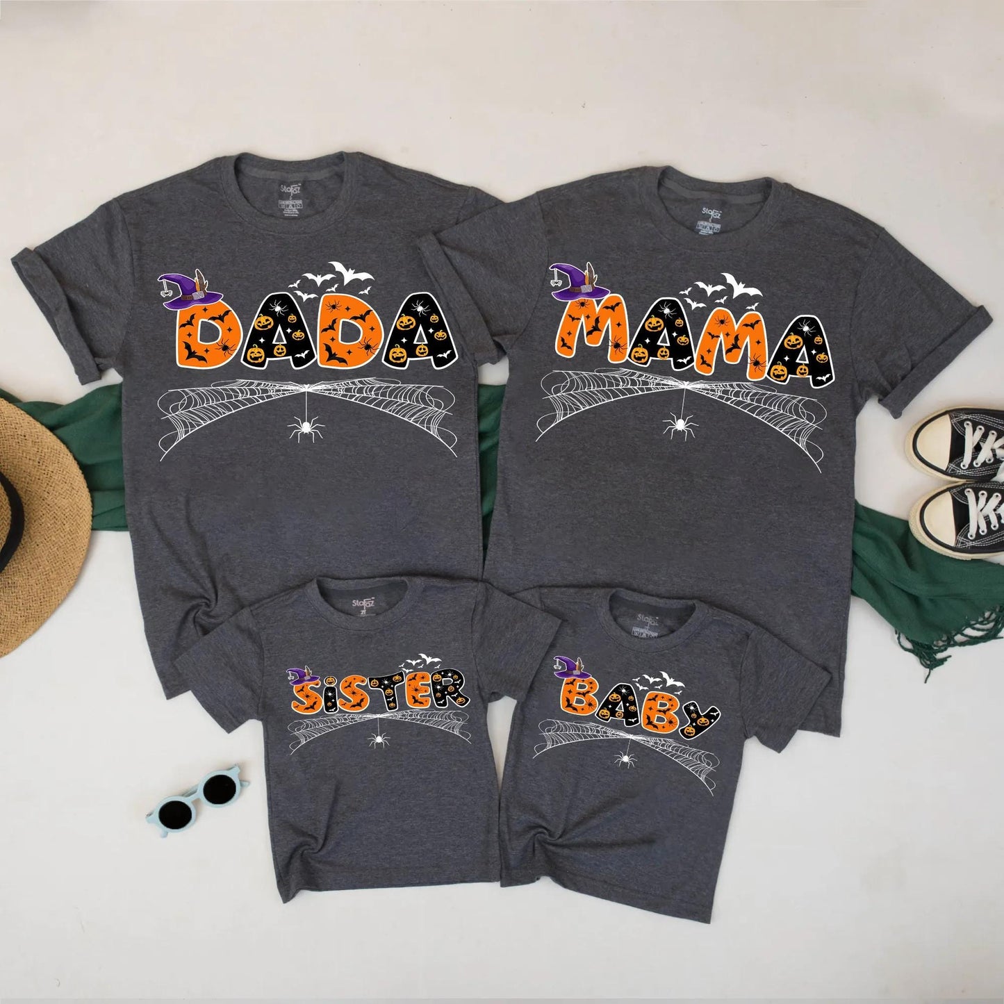 Spooky Spider Web Family Halloween Shirts Custom Pumpkin Jack-o-Lantern DADA MAMA SISTER BABY Outfit Festive Fall Party Bash
