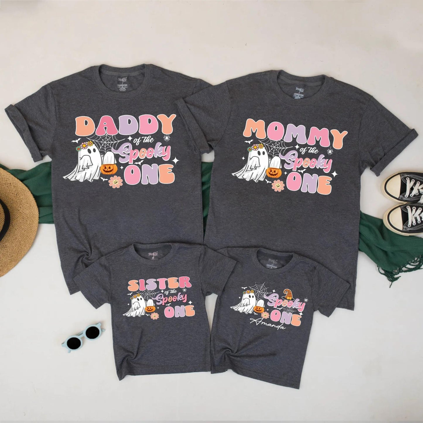 Matching Spooky One Family Halloween Shirts Personalized with Names Retro Ghost Tee for Mom Dad Sister - Cute Fall Outfit Spiderwebs & Flowers