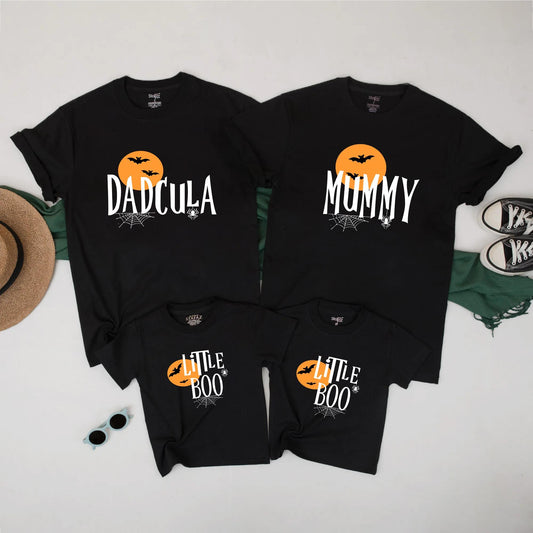 Matching Halloween Family Shirts - Dadcula, Mummy & Little Boo Tees with Spooky Bats & Moon - Cute & Fun Family Halloween Outfits