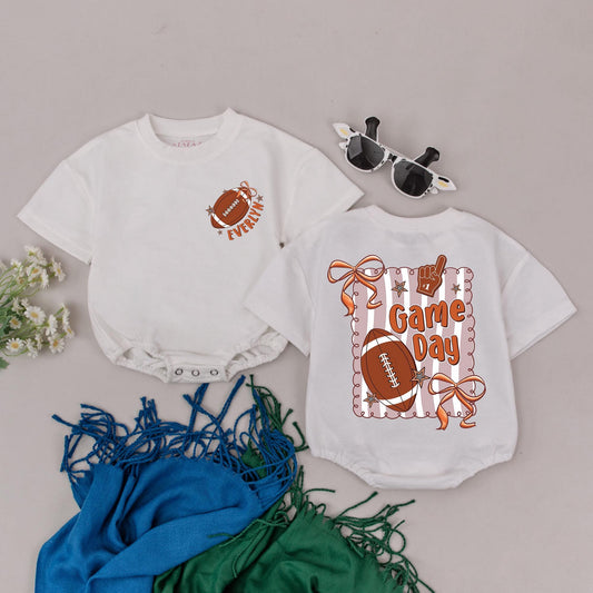 Everlyn's First Game Day Romper: Personalized Football Outfit, Retro Baby Girl Bodysuit & Bow, Tan & Peach, Football Season Baby Shower Gift (139 chars)