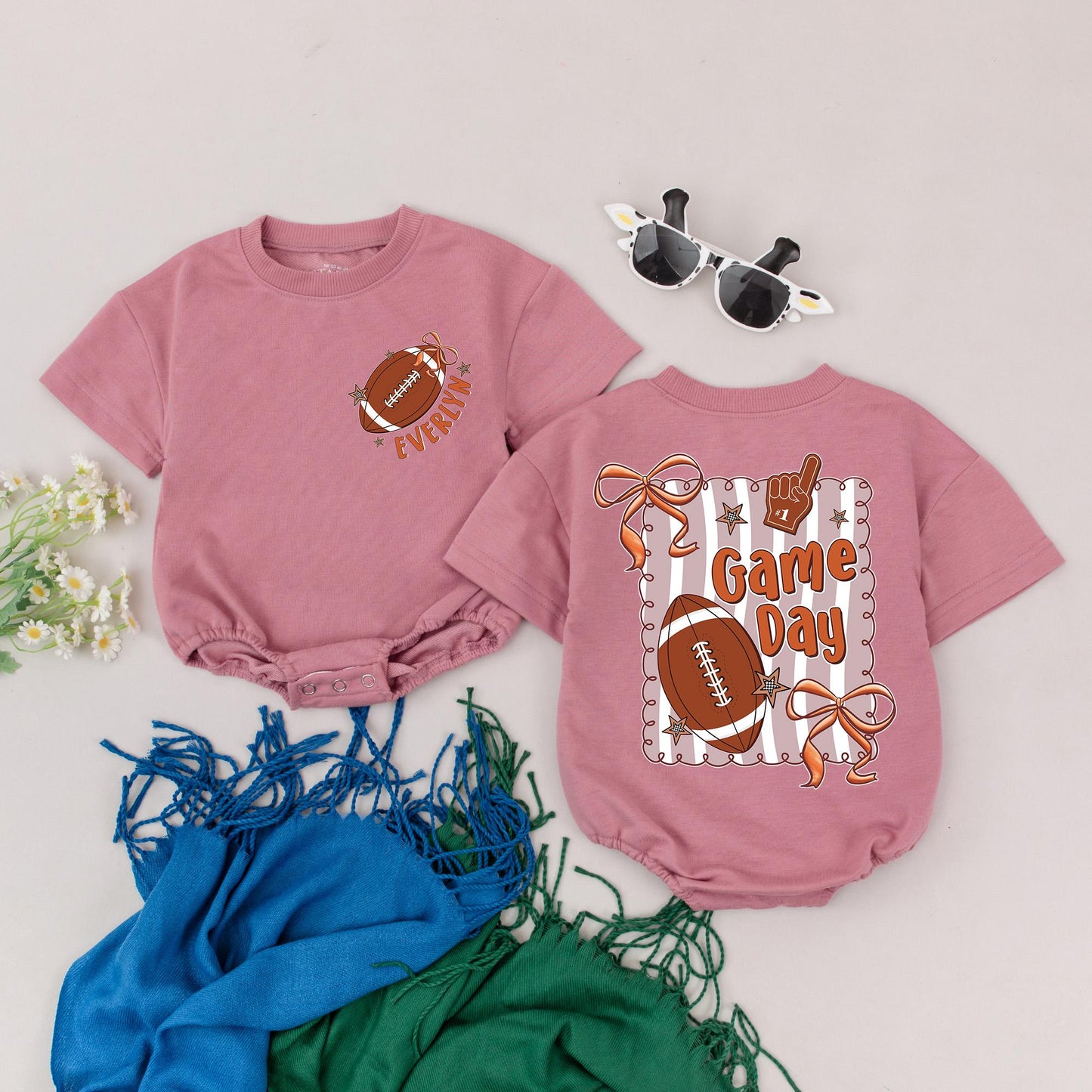 Everlyn's First Game Day Romper: Personalized Football Outfit, Retro Baby Girl Bodysuit & Bow, Tan & Peach, Football Season Baby Shower Gift (139 chars)