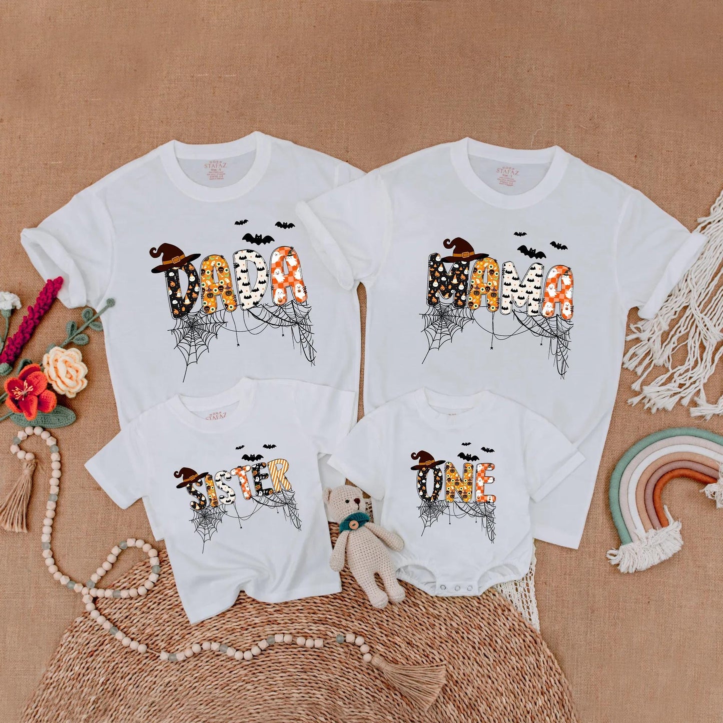 Custom Halloween Family Matching Shirts Spooky One Dad Mama Sister Bat Pumpkin Ghost Cobweb