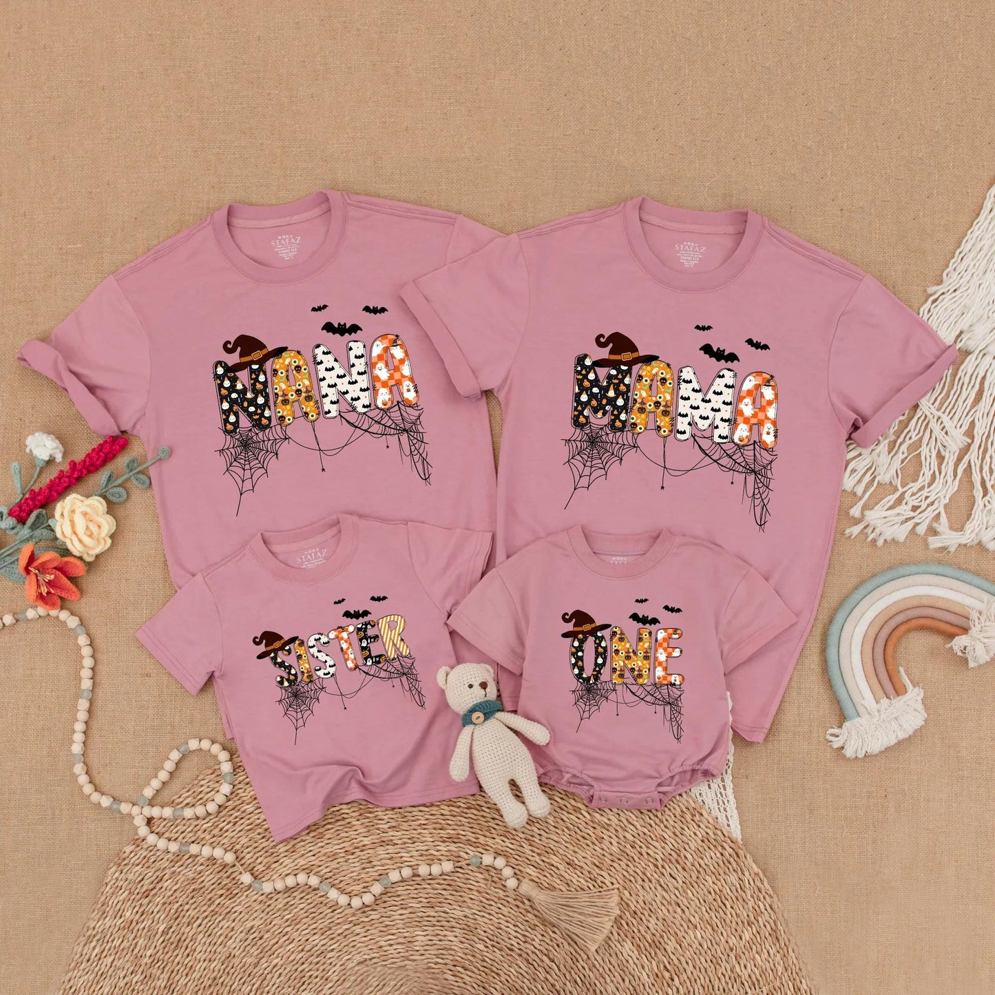 Custom Halloween Family Matching Shirts Spooky One Dad Mama Sister Bat Pumpkin Ghost Cobweb