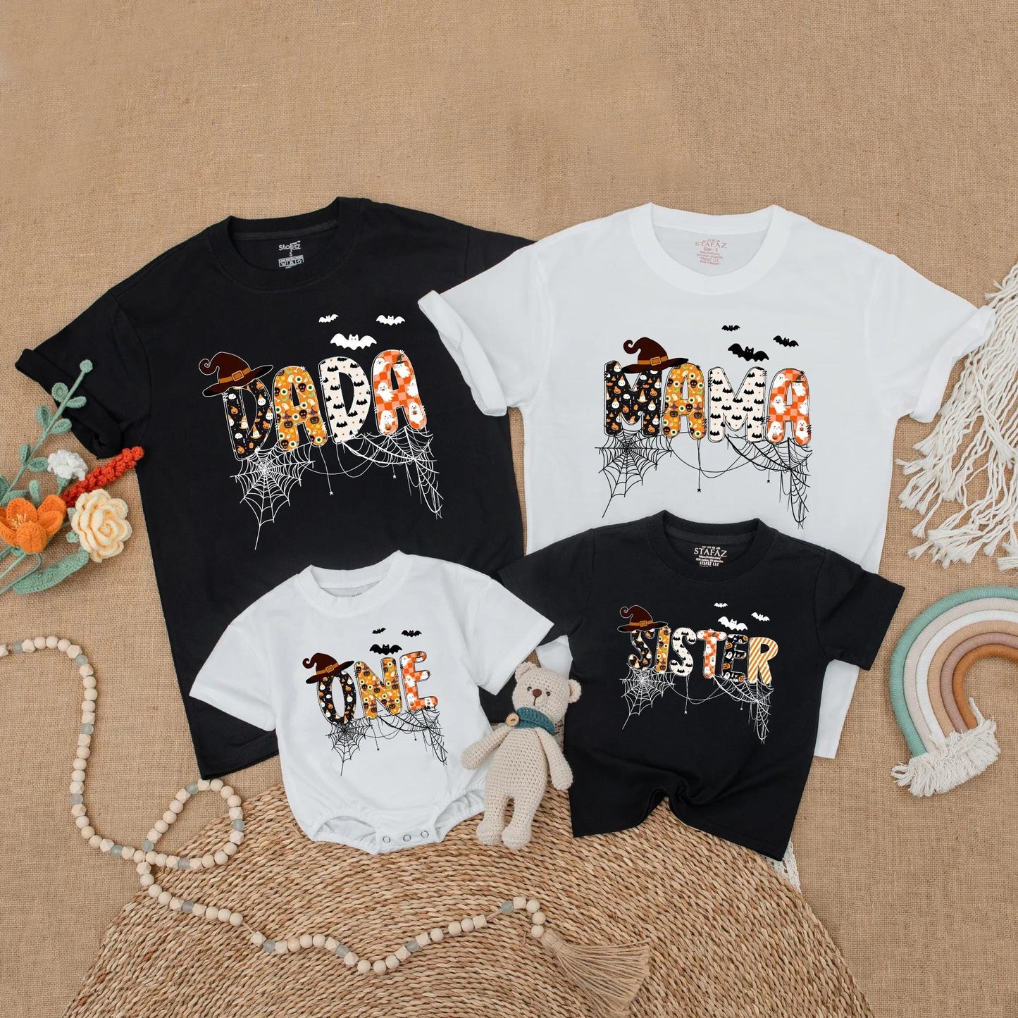 Custom Halloween Family Matching Shirts Spooky One Dad Mama Sister Bat Pumpkin Ghost Cobweb
