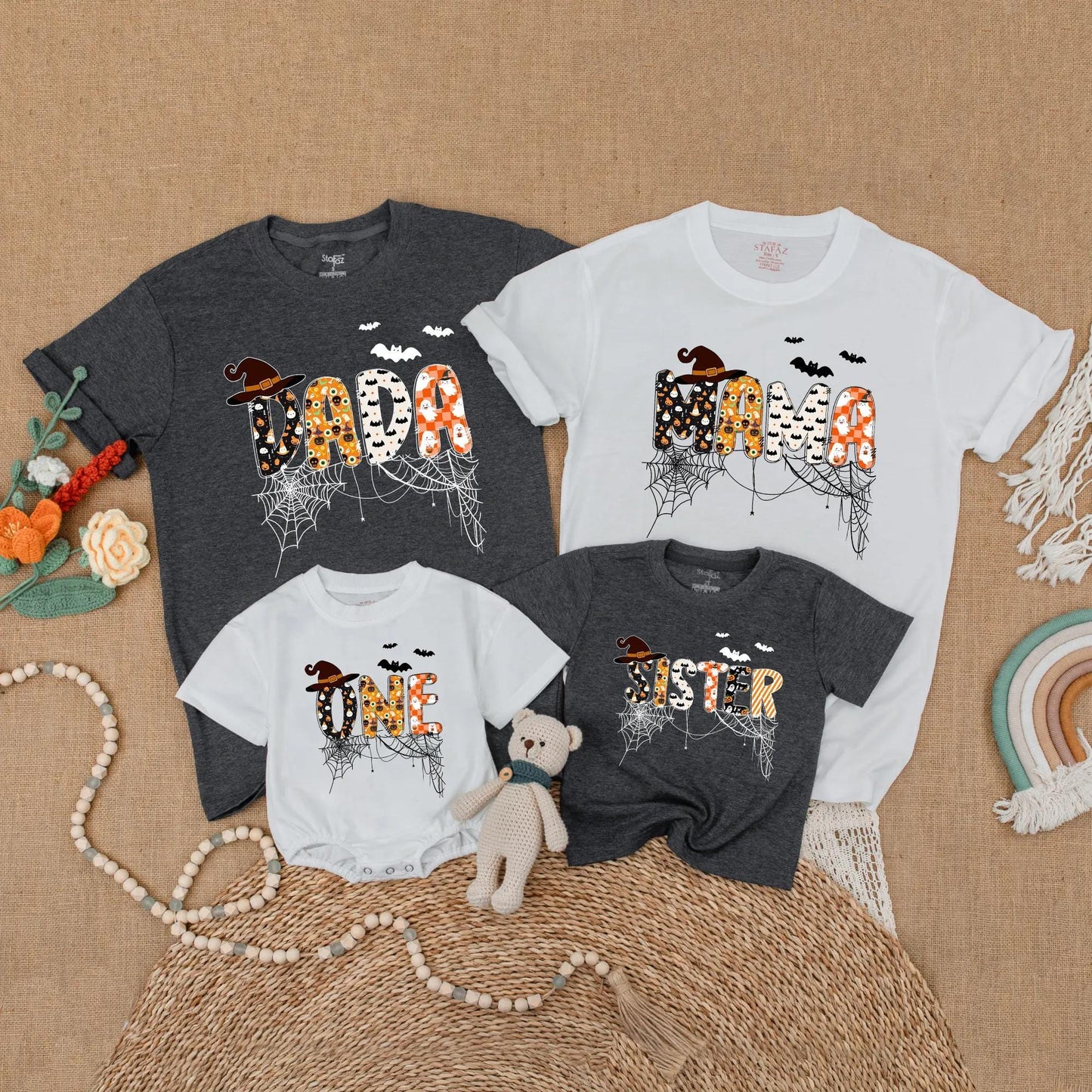 Custom Halloween Family Matching Shirts Spooky One Dad Mama Sister Bat Pumpkin Ghost Cobweb