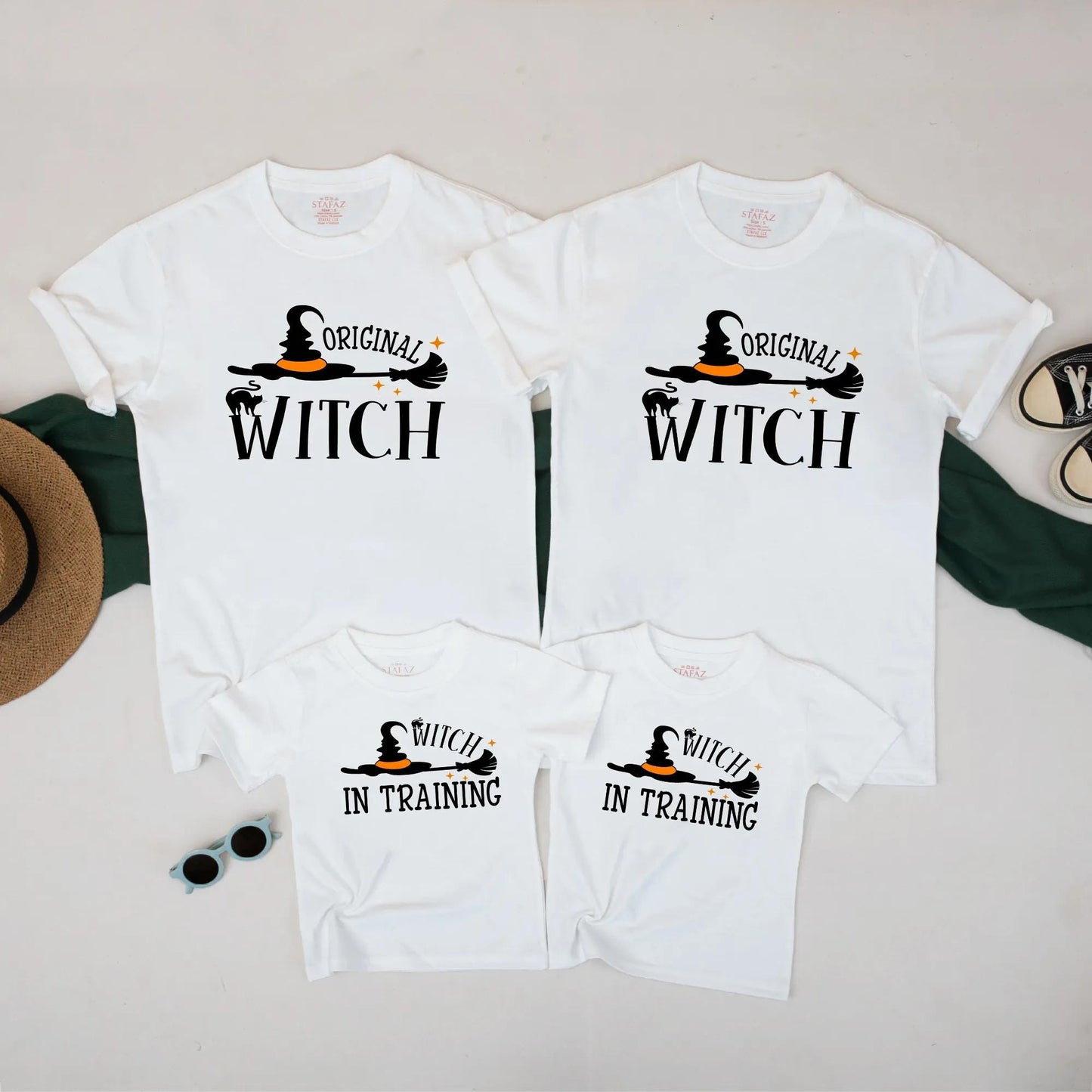 Matching Family Halloween Shirts: Witch & Witch in Training Set - Cute Spooky Fall T-Shirts for Mom and Kids - Perfect Halloween Costume Outfit