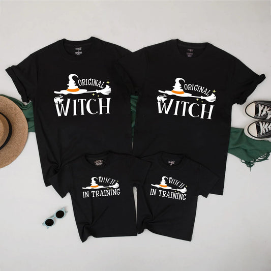 Matching Family Halloween Shirts: Witch & Witch in Training Set - Cute Spooky Fall T-Shirts for Mom and Kids - Perfect Halloween Costume Outfit