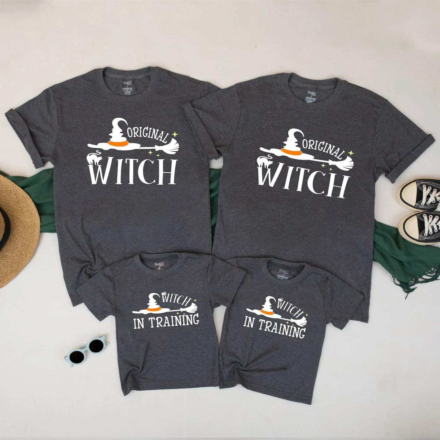 Matching Family Halloween Shirts: Witch & Witch in Training Set - Cute Spooky Fall T-Shirts for Mom and Kids - Perfect Halloween Costume Outfit