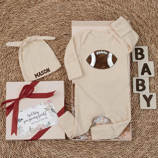 Personalized Football Baby Bodysuit Newborn Game Day Outfit, cute brown football design with white stripes, My First Football Season Baby Shower Gift