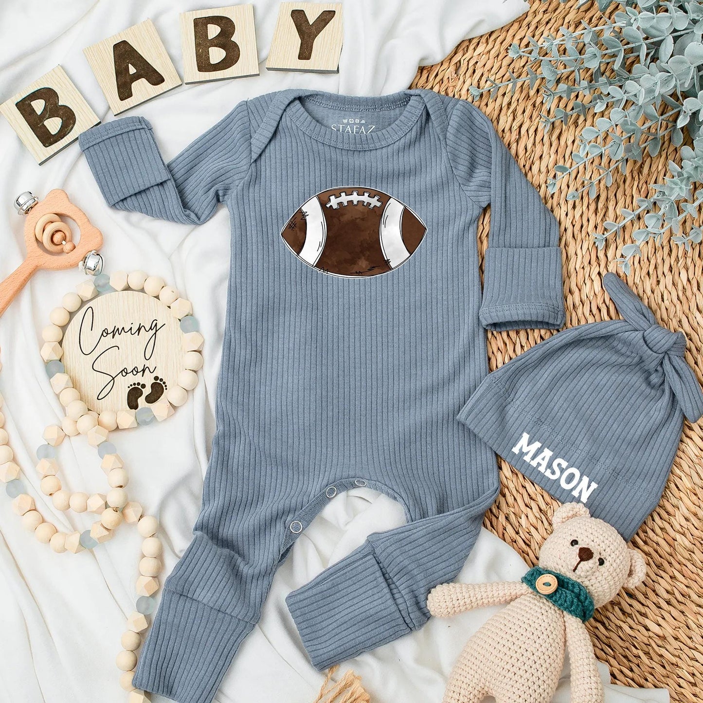 Personalized Football Baby Bodysuit Newborn Game Day Outfit, cute brown football design with white stripes, My First Football Season Baby Shower Gift