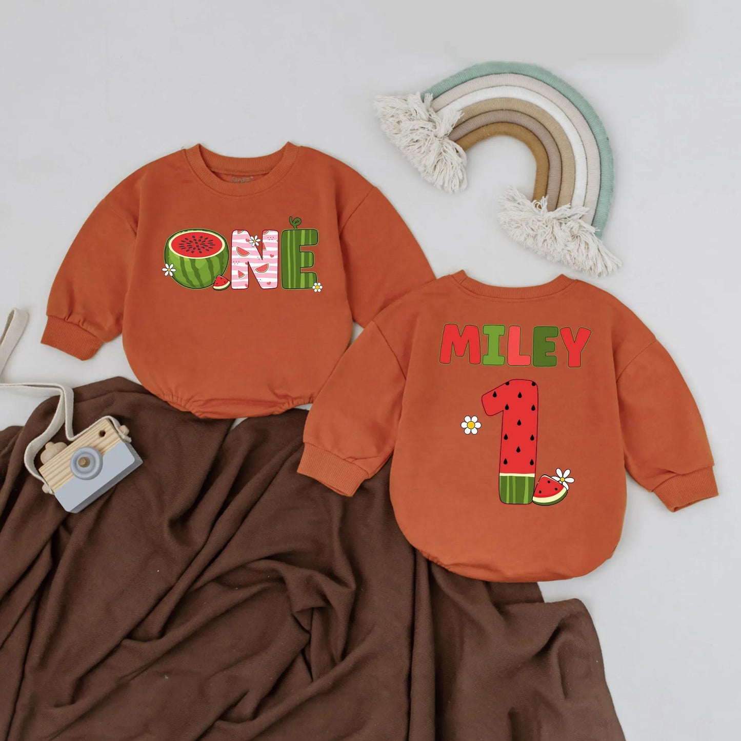 Personalized ONE Watermelon Birthday Romper Outfit for Baby Girl Boy Playful Summer Fruit Design with Sweet Daisy Accents Gift