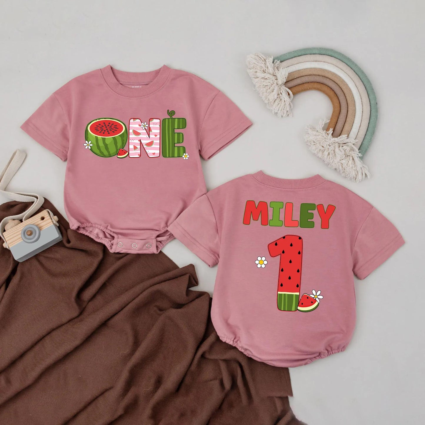 Personalized ONE Watermelon Birthday Romper Outfit for Baby Girl Boy Playful Summer Fruit Design with Sweet Daisy Accents Gift